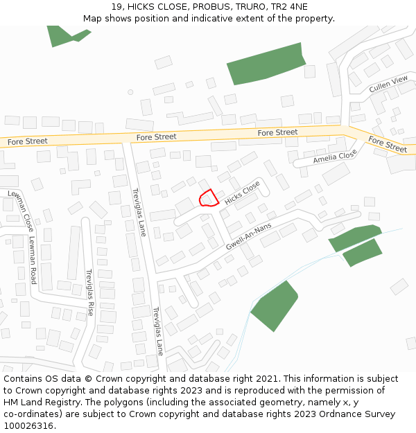 19, HICKS CLOSE, PROBUS, TRURO, TR2 4NE: Location map and indicative extent of plot