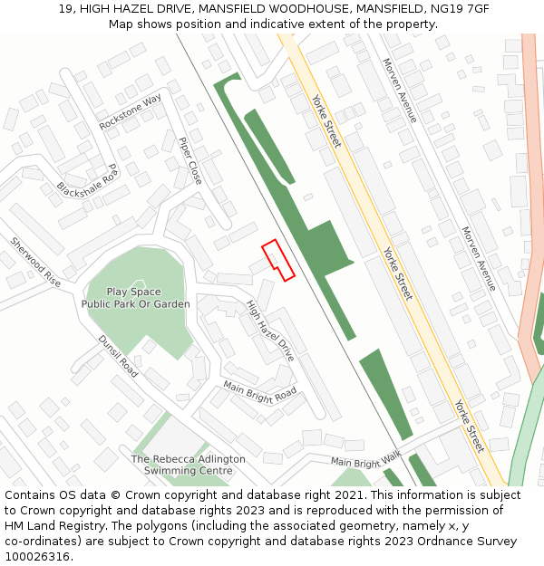 19, HIGH HAZEL DRIVE, MANSFIELD WOODHOUSE, MANSFIELD, NG19 7GF: Location map and indicative extent of plot