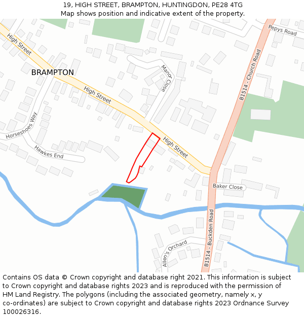 19, HIGH STREET, BRAMPTON, HUNTINGDON, PE28 4TG: Location map and indicative extent of plot