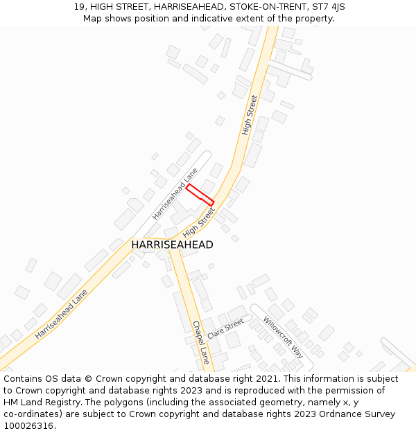 19, HIGH STREET, HARRISEAHEAD, STOKE-ON-TRENT, ST7 4JS: Location map and indicative extent of plot