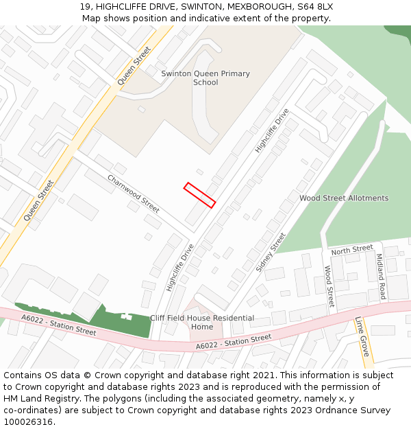 19, HIGHCLIFFE DRIVE, SWINTON, MEXBOROUGH, S64 8LX: Location map and indicative extent of plot