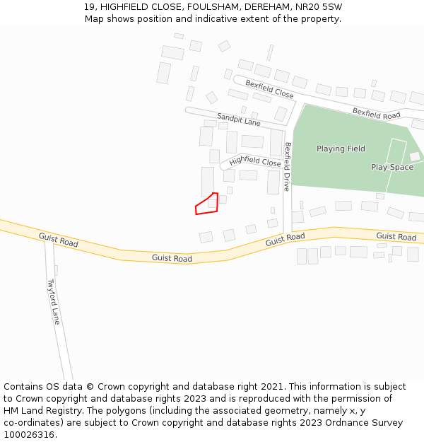 19, HIGHFIELD CLOSE, FOULSHAM, DEREHAM, NR20 5SW: Location map and indicative extent of plot