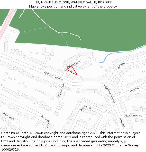 19, HIGHFIELD CLOSE, WATERLOOVILLE, PO7 7PZ: Location map and indicative extent of plot