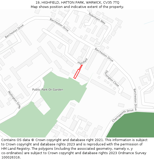 19, HIGHFIELD, HATTON PARK, WARWICK, CV35 7TQ: Location map and indicative extent of plot