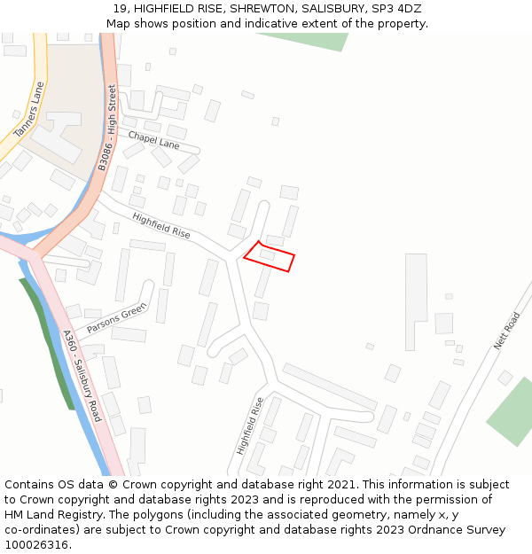 19, HIGHFIELD RISE, SHREWTON, SALISBURY, SP3 4DZ: Location map and indicative extent of plot