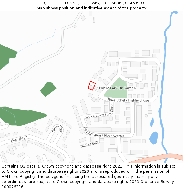 19, HIGHFIELD RISE, TRELEWIS, TREHARRIS, CF46 6EQ: Location map and indicative extent of plot