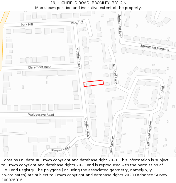 19, HIGHFIELD ROAD, BROMLEY, BR1 2JN: Location map and indicative extent of plot