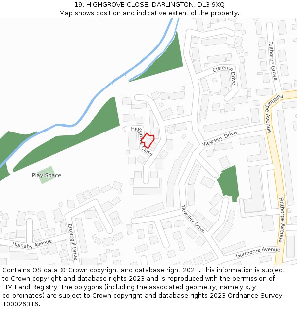 19, HIGHGROVE CLOSE, DARLINGTON, DL3 9XQ: Location map and indicative extent of plot