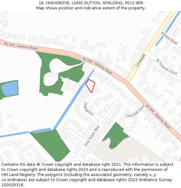 19, HIGHGROVE, LONG SUTTON, SPALDING, PE12 9ER: Location map and indicative extent of plot
