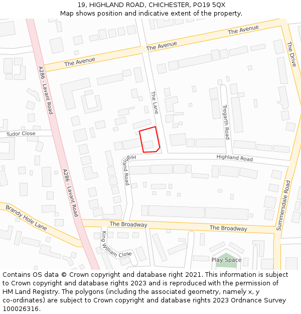 19, HIGHLAND ROAD, CHICHESTER, PO19 5QX: Location map and indicative extent of plot