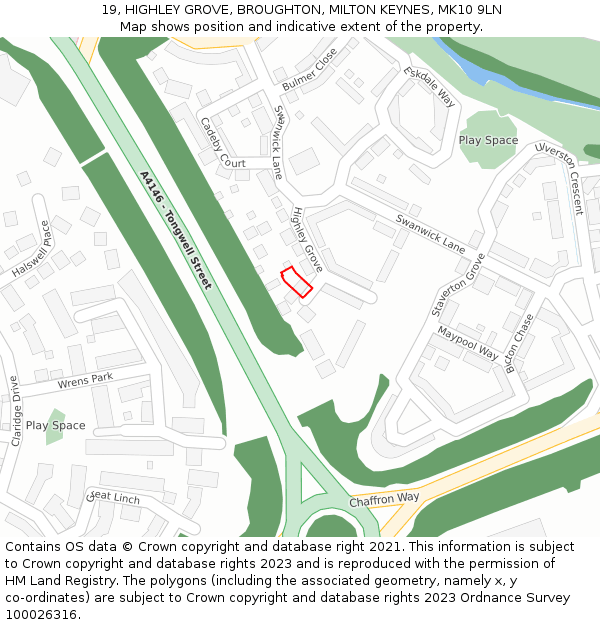 19, HIGHLEY GROVE, BROUGHTON, MILTON KEYNES, MK10 9LN: Location map and indicative extent of plot