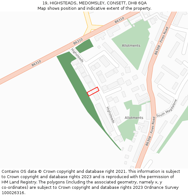 19, HIGHSTEADS, MEDOMSLEY, CONSETT, DH8 6QA: Location map and indicative extent of plot