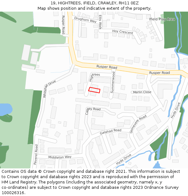 19, HIGHTREES, IFIELD, CRAWLEY, RH11 0EZ: Location map and indicative extent of plot