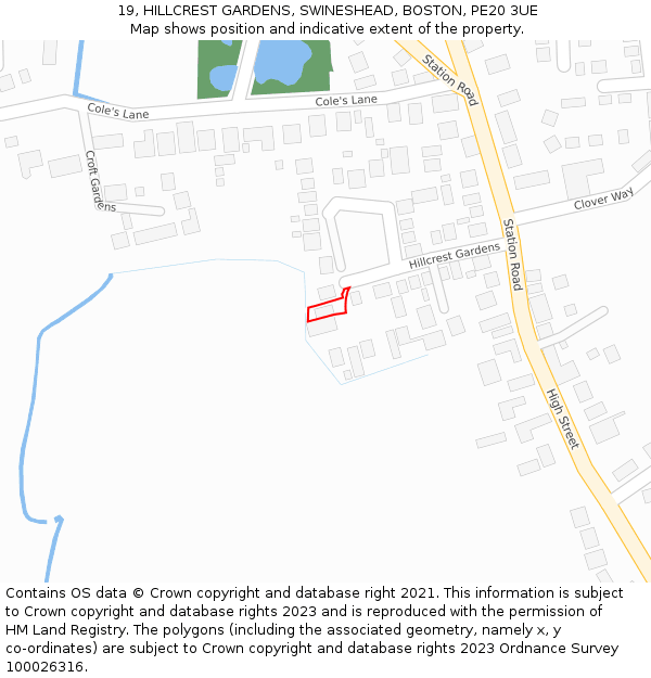 19, HILLCREST GARDENS, SWINESHEAD, BOSTON, PE20 3UE: Location map and indicative extent of plot