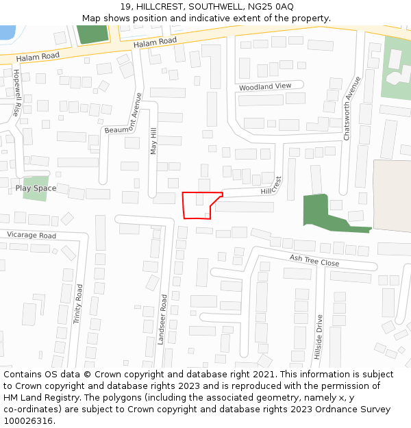 19, HILLCREST, SOUTHWELL, NG25 0AQ: Location map and indicative extent of plot