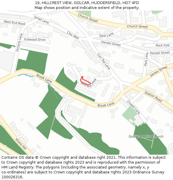 19, HILLCREST VIEW, GOLCAR, HUDDERSFIELD, HD7 4FD: Location map and indicative extent of plot