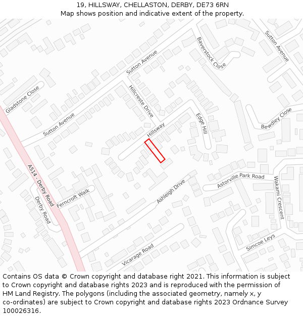 19, HILLSWAY, CHELLASTON, DERBY, DE73 6RN: Location map and indicative extent of plot