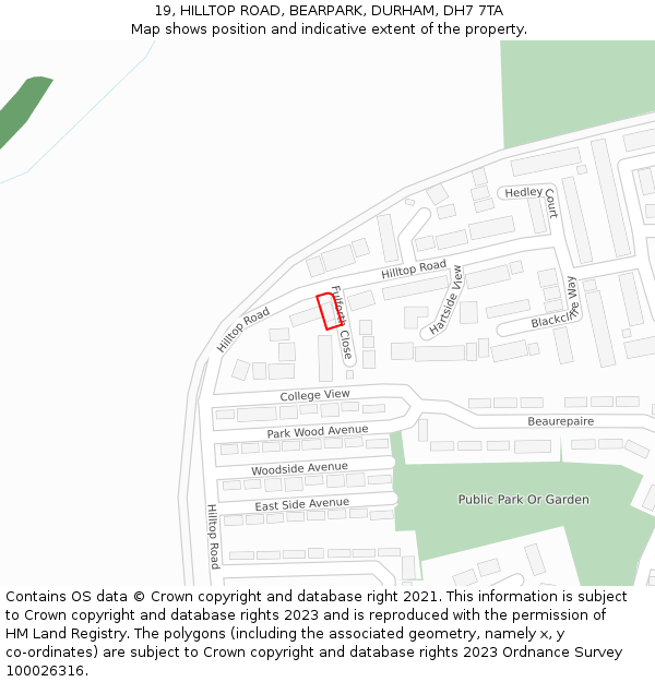 19, HILLTOP ROAD, BEARPARK, DURHAM, DH7 7TA: Location map and indicative extent of plot