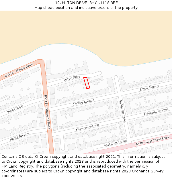 19, HILTON DRIVE, RHYL, LL18 3BE: Location map and indicative extent of plot