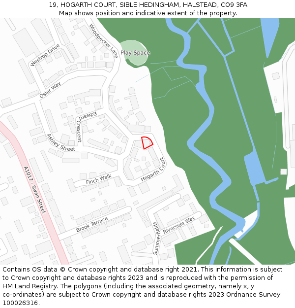 19, HOGARTH COURT, SIBLE HEDINGHAM, HALSTEAD, CO9 3FA: Location map and indicative extent of plot