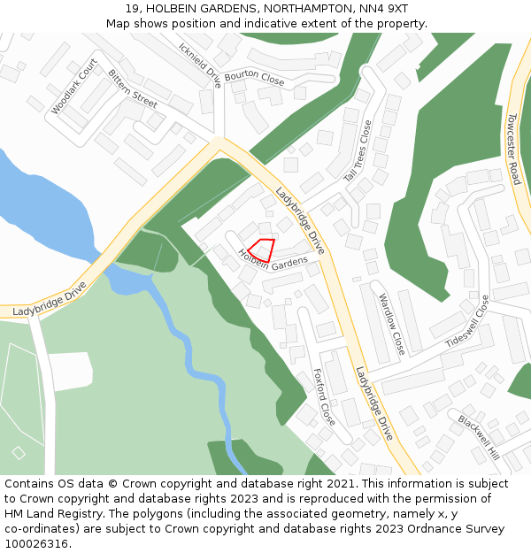 19, HOLBEIN GARDENS, NORTHAMPTON, NN4 9XT: Location map and indicative extent of plot