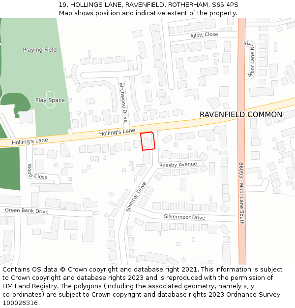 19, HOLLINGS LANE, RAVENFIELD, ROTHERHAM, S65 4PS: Location map and indicative extent of plot