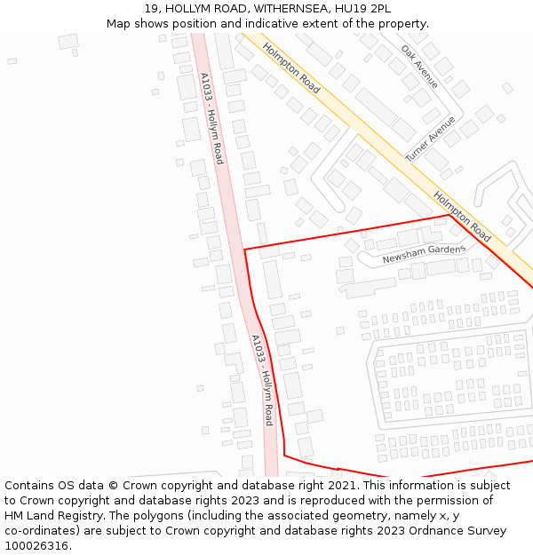 19, HOLLYM ROAD, WITHERNSEA, HU19 2PL: Location map and indicative extent of plot