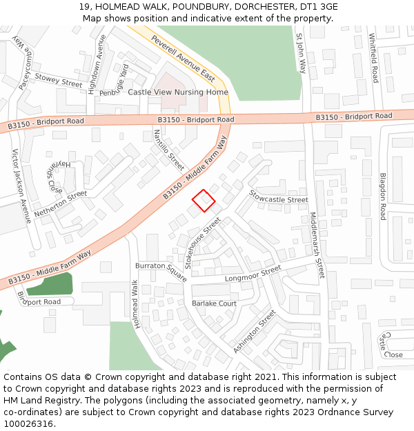 19, HOLMEAD WALK, POUNDBURY, DORCHESTER, DT1 3GE: Location map and indicative extent of plot