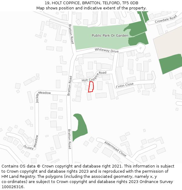 19, HOLT COPPICE, BRATTON, TELFORD, TF5 0DB: Location map and indicative extent of plot
