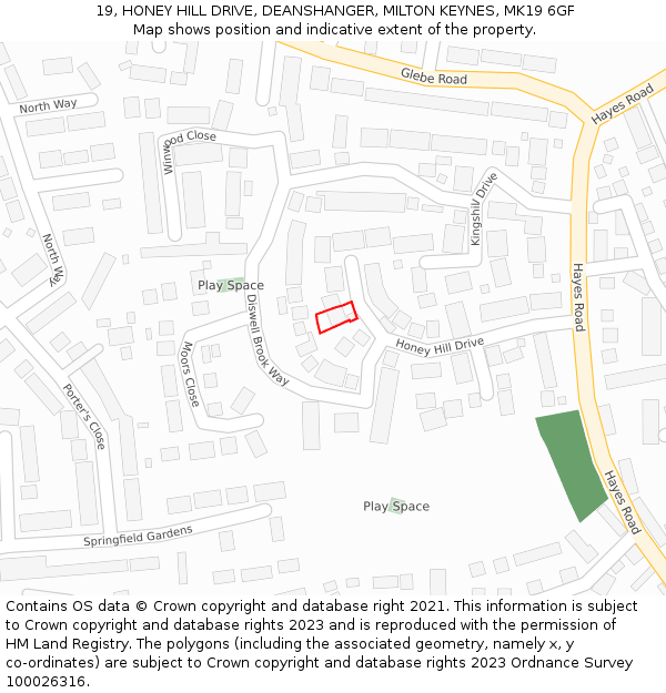 19, HONEY HILL DRIVE, DEANSHANGER, MILTON KEYNES, MK19 6GF: Location map and indicative extent of plot