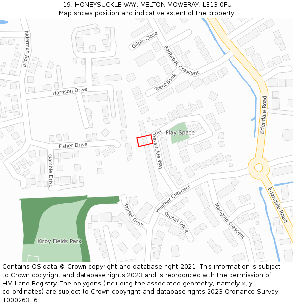 19, HONEYSUCKLE WAY, MELTON MOWBRAY, LE13 0FU: Location map and indicative extent of plot