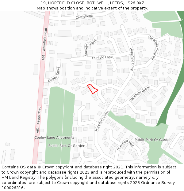 19, HOPEFIELD CLOSE, ROTHWELL, LEEDS, LS26 0XZ: Location map and indicative extent of plot