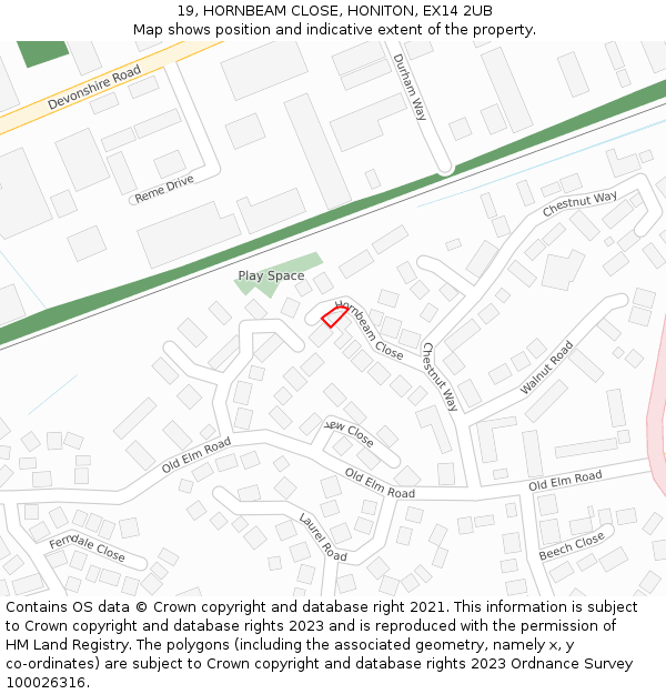 19, HORNBEAM CLOSE, HONITON, EX14 2UB: Location map and indicative extent of plot