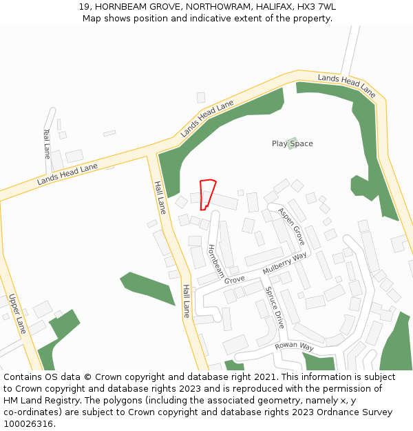 19, HORNBEAM GROVE, NORTHOWRAM, HALIFAX, HX3 7WL: Location map and indicative extent of plot