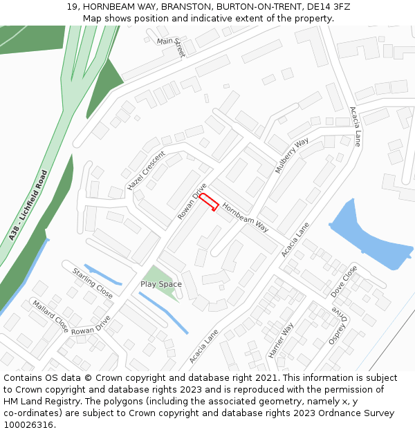 19, HORNBEAM WAY, BRANSTON, BURTON-ON-TRENT, DE14 3FZ: Location map and indicative extent of plot