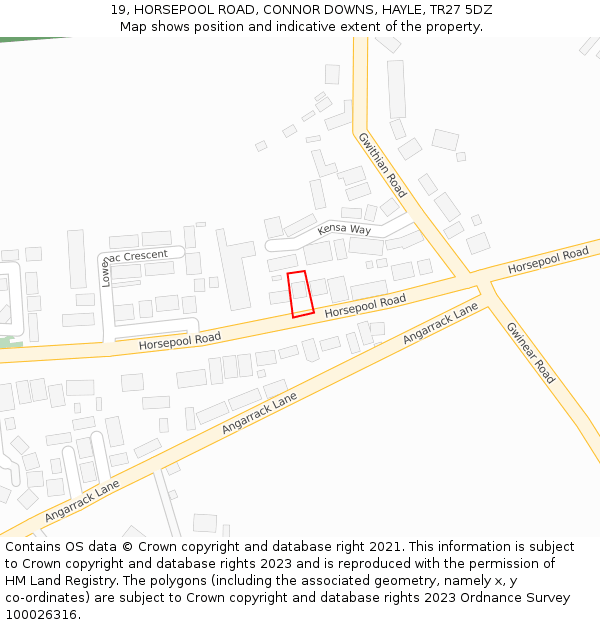 19, HORSEPOOL ROAD, CONNOR DOWNS, HAYLE, TR27 5DZ: Location map and indicative extent of plot