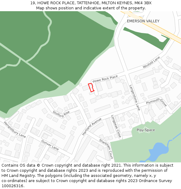 19, HOWE ROCK PLACE, TATTENHOE, MILTON KEYNES, MK4 3BX: Location map and indicative extent of plot