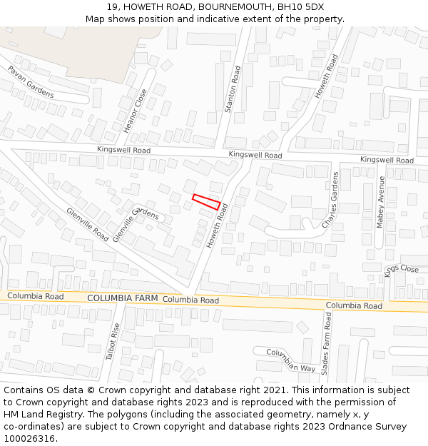 19, HOWETH ROAD, BOURNEMOUTH, BH10 5DX: Location map and indicative extent of plot