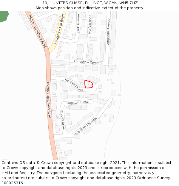 19, HUNTERS CHASE, BILLINGE, WIGAN, WN5 7HZ: Location map and indicative extent of plot