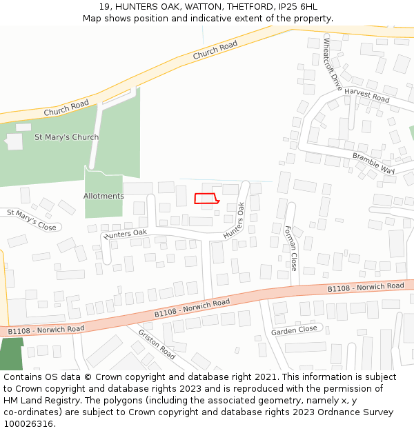 19, HUNTERS OAK, WATTON, THETFORD, IP25 6HL: Location map and indicative extent of plot