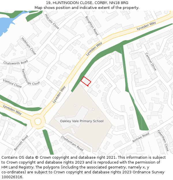 19, HUNTINGDON CLOSE, CORBY, NN18 8RG: Location map and indicative extent of plot