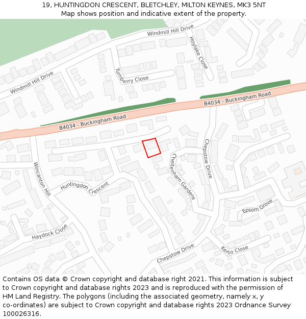19, HUNTINGDON CRESCENT, BLETCHLEY, MILTON KEYNES, MK3 5NT: Location map and indicative extent of plot
