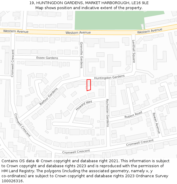 19, HUNTINGDON GARDENS, MARKET HARBOROUGH, LE16 9LE: Location map and indicative extent of plot