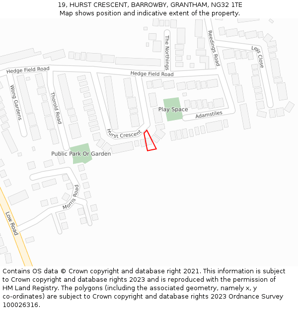 19, HURST CRESCENT, BARROWBY, GRANTHAM, NG32 1TE: Location map and indicative extent of plot