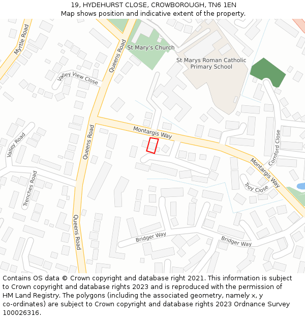 19, HYDEHURST CLOSE, CROWBOROUGH, TN6 1EN: Location map and indicative extent of plot