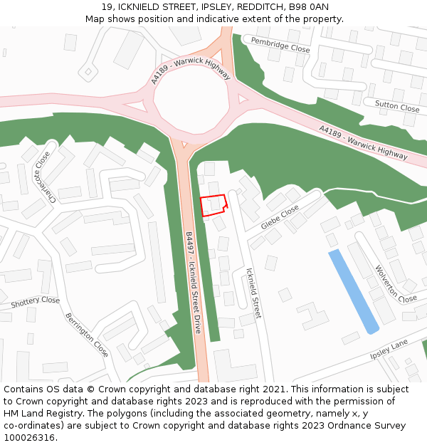 19, ICKNIELD STREET, IPSLEY, REDDITCH, B98 0AN: Location map and indicative extent of plot