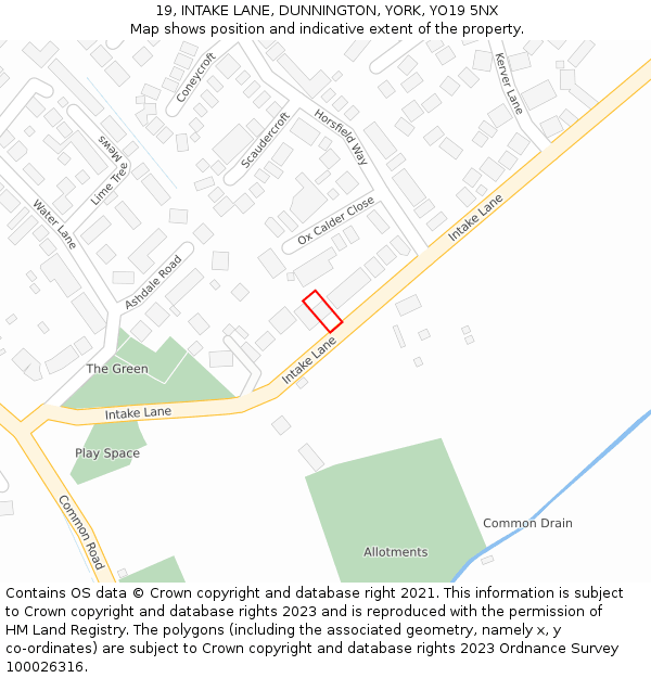 19, INTAKE LANE, DUNNINGTON, YORK, YO19 5NX: Location map and indicative extent of plot
