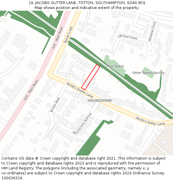 19, JACOBS GUTTER LANE, TOTTON, SOUTHAMPTON, SO40 9FQ: Location map and indicative extent of plot