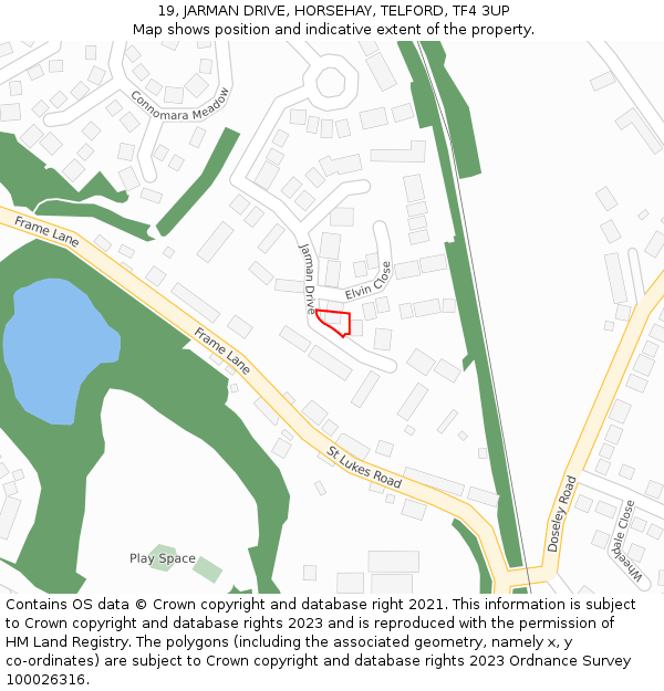 19, JARMAN DRIVE, HORSEHAY, TELFORD, TF4 3UP: Location map and indicative extent of plot