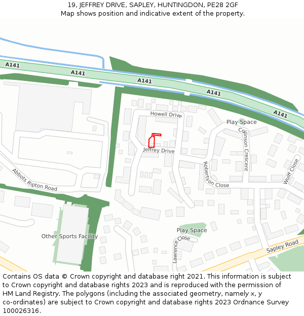 19, JEFFREY DRIVE, SAPLEY, HUNTINGDON, PE28 2GF: Location map and indicative extent of plot